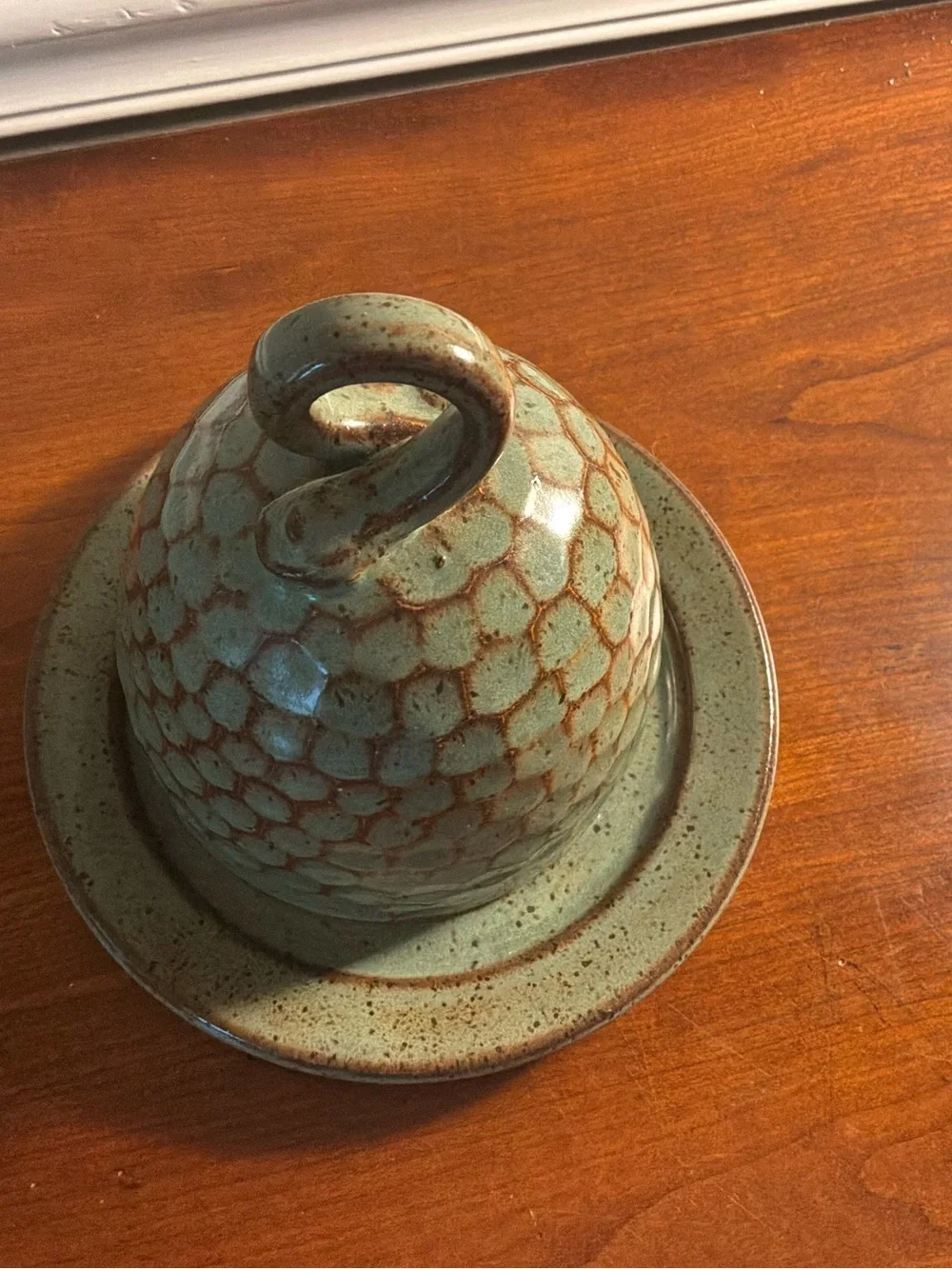 Green and Brown  Honeycomb Ceramic Butter Bell Dish Handmade